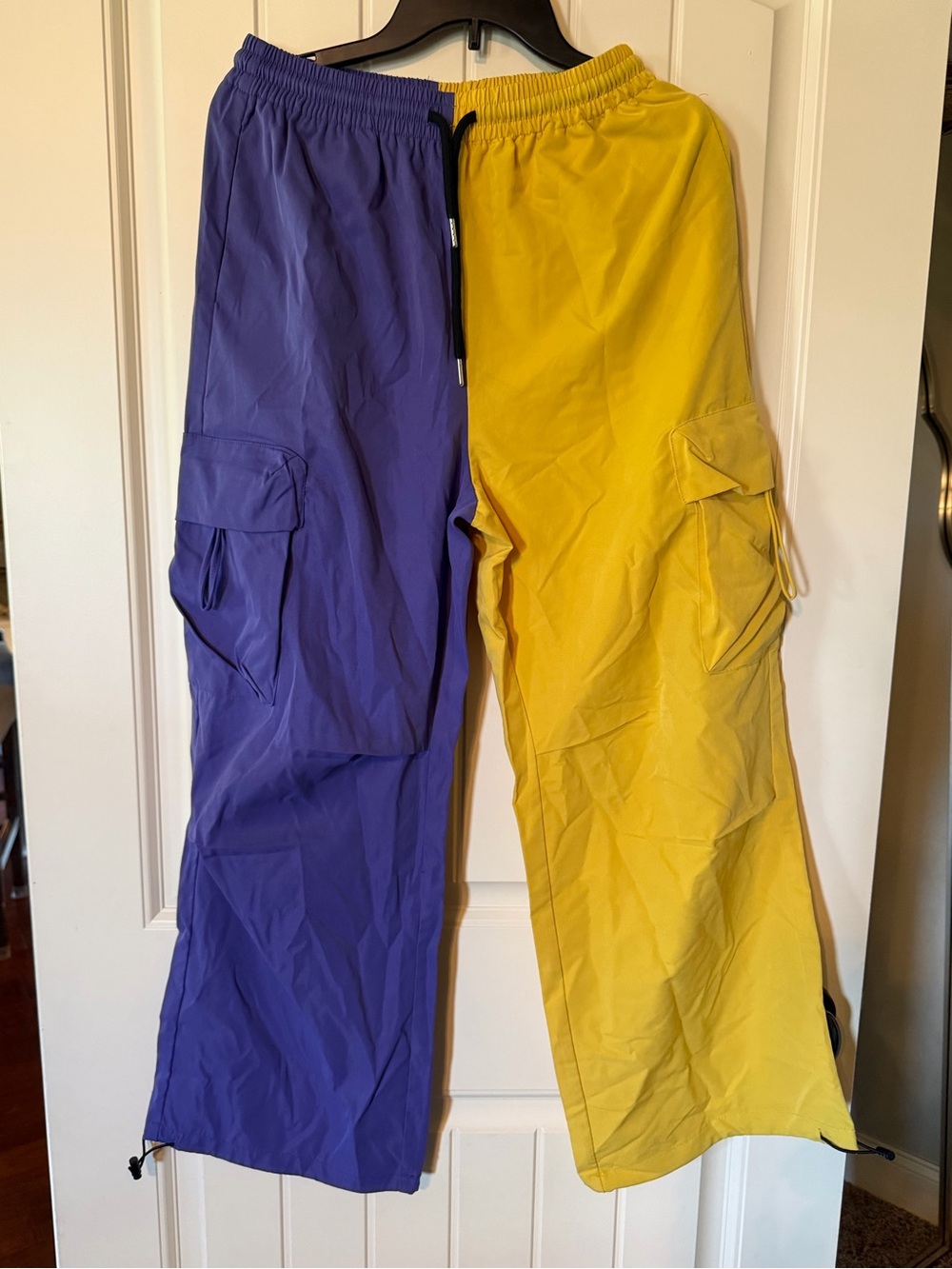 Men's Two-Tone Cargo Pants in Purple and Yellow